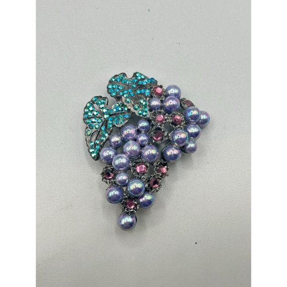 THELMA DEUTSCH Purple Pearls Grape Cluster Brooch Pin Borealis Aqua Rhinestones - Picture 2 of 11